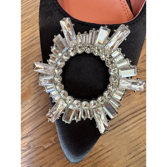 Black Satin Slingback Heels With Rhinestone Embellishment & Flared Heels Size 8. - Picture 4 of 13